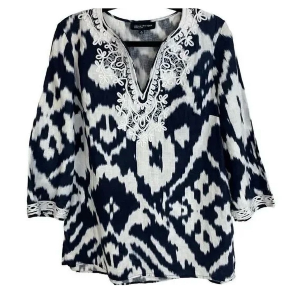 Jones New York Signature Navy Blue White 100% Linen Embroidered Tunic Top Size M